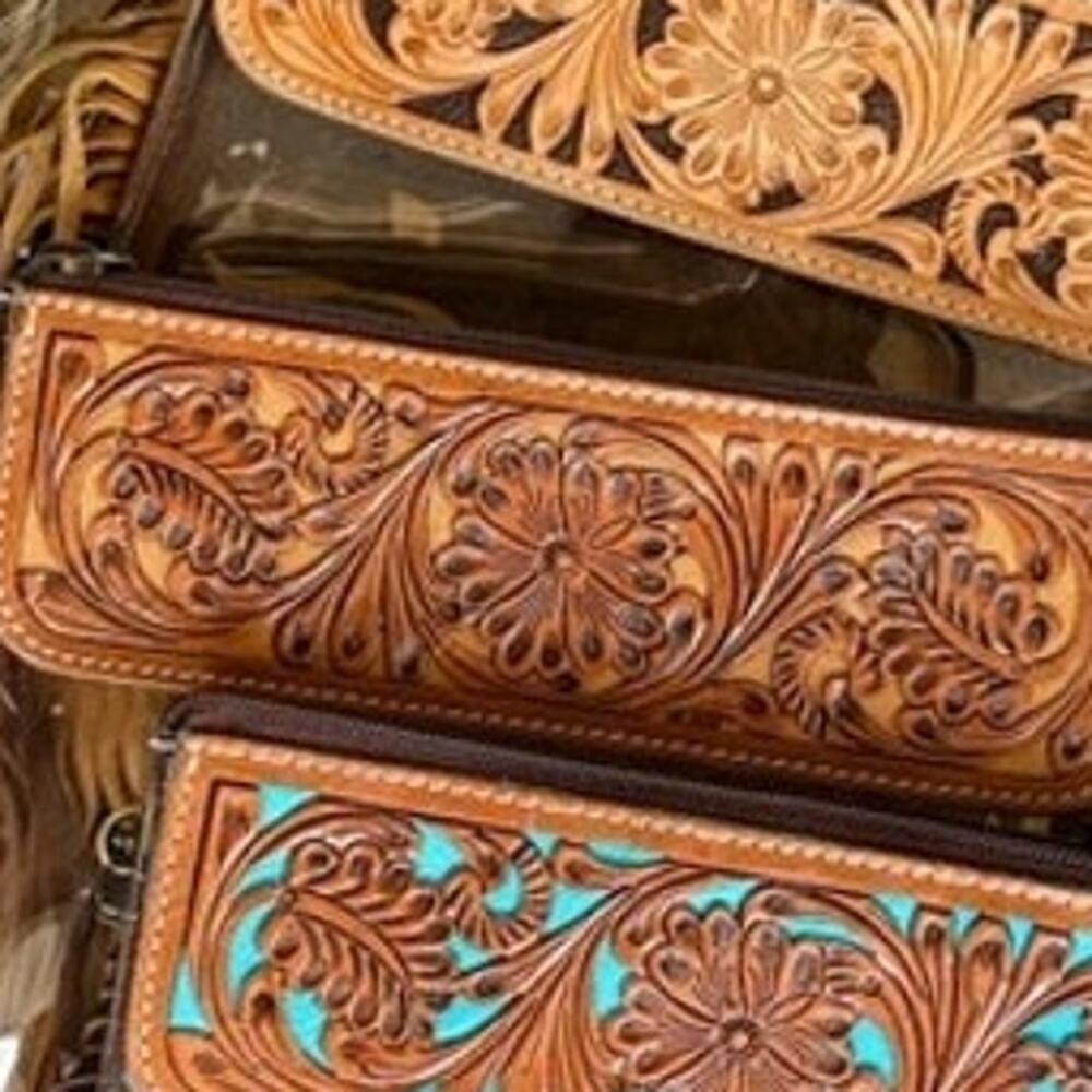 Hand Tooled Leather Clear Crossbody Purse Stadium Game Day Brown Tan